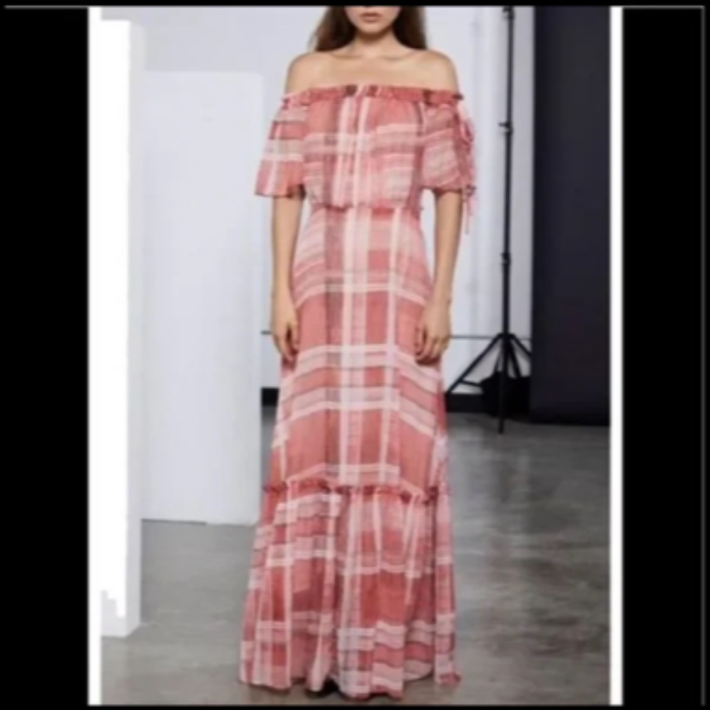 Lenon X Anthropologie Plaid Off Shoulder Tiered Maxi Dress Red/Pink Size M - Nwt